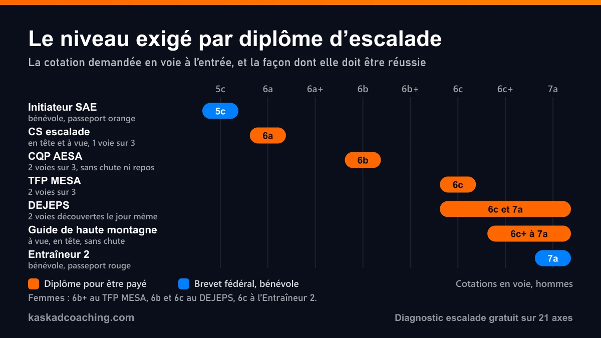 Niveau d'escalade exigé à l'entrée de chaque diplôme de moniteur : initiateur SAE 5c, CS escalade 6a à vue, CQP AESA 6b, TFP MESA 6c, DEJEPS 6c et 7a, guide de haute montagne 6c+ à 7a, Entraîneur 2 7a