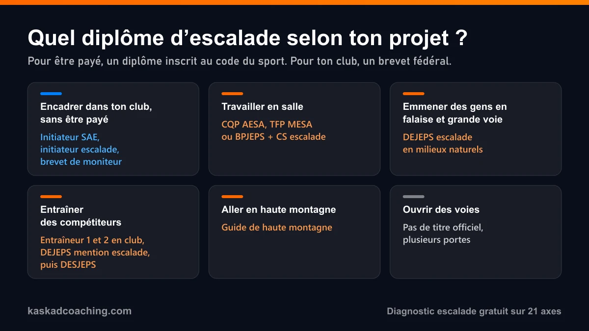 Quel diplôme d'escalade choisir selon ton projet : brevets fédéraux pour encadrer en club, CQP, TFP MESA ou BPJEPS avec CS pour la salle, DEJEPS en milieux naturels pour la falaise, DEJEPS et DESJEPS pour entraîner, guide pour la haute montagne