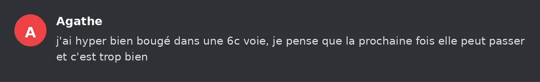 Capture Discord : Agathe « j'ai hyper bien bougé dans une 6c voie, je pense que la prochaine fois elle peut passer et… »