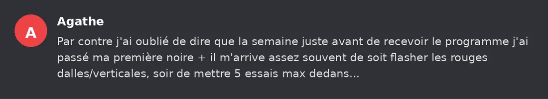 Capture Discord : Agathe « Par contre j'ai oublié de dire que la semaine juste avant de recevoir le programme j'ai passé… »