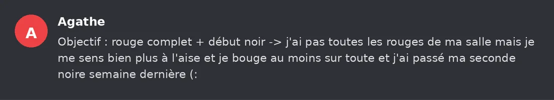 Capture Discord : Agathe « Objectif : rouge complet + début noir -> j'ai pas toutes les rouges de ma salle mais je me… »