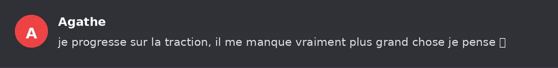 Capture Discord : Agathe « je progresse sur la traction, il me manque vraiment plus grand chose je pense »