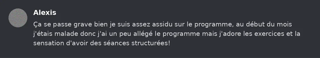 Capture Discord : Alexis « Ça se passe grave bien je suis assez assidu sur le programme, au début du mois j'étais malade… »