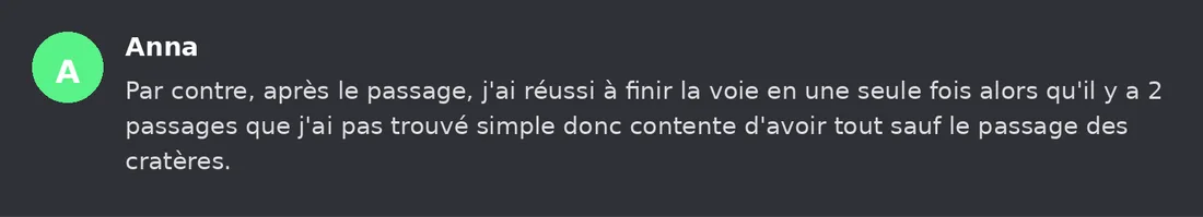 Capture Discord : Anna « Par contre, après le passage, j'ai réussi à finir la voie en une seule fois alors qu'il y a 2… »