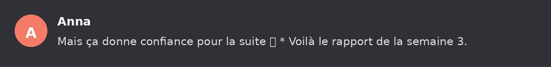 Capture Discord : Anna « Mais ça donne confiance pour la suite * Voilà le rapport de la semaine 3. »