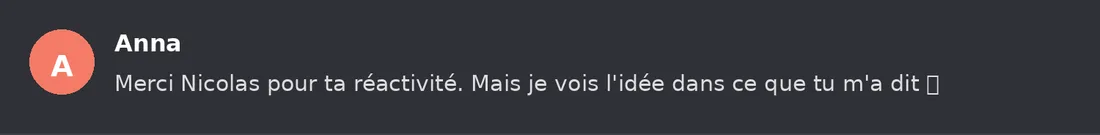 Capture Discord : Anna « Merci Nicolas pour ta réactivité. Mais je vois l'idée dans ce que tu m'a dit »