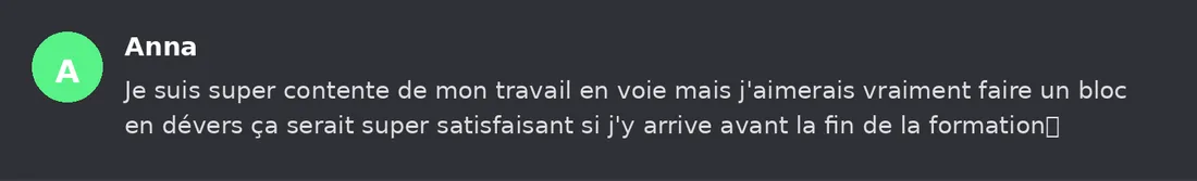Capture Discord : Anna « Je suis super contente de mon travail en voie mais j'aimerais vraiment faire un bloc en dévers… »