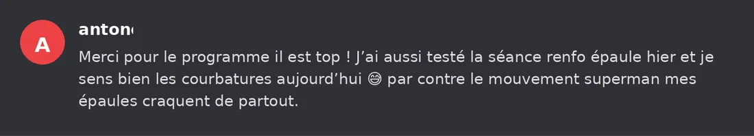 Capture Discord : Anton « Merci pour le programme il est top ! J’ai aussi testé la séance renfo épaule hier et je sens… »