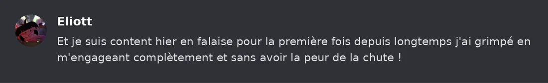 Capture Discord : Eliott « Et je suis content hier en falaise pour la première fois depuis longtemps j'ai grimpé en… »