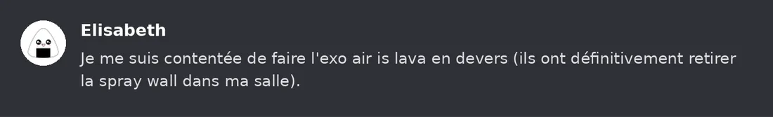 Capture Discord : Elisabeth « Je me suis contentée de faire l'exo air is lava en devers (ils ont définitivement retirer… »