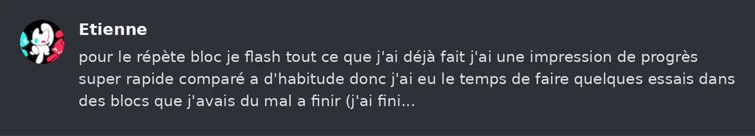 Capture Discord : Etienne « pour le répète bloc je flash tout ce que j'ai déjà fait j'ai une impression de progrès super… »
