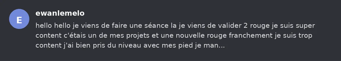 Capture Discord : Ewan « hello hello je viens de faire une séance la je viens de valider 2 rouge je suis super content… »