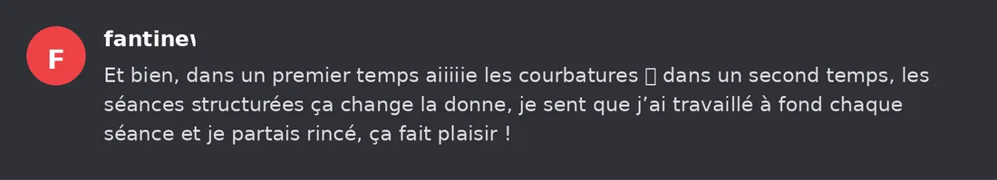 Capture Discord : Fantine « Et bien, dans un premier temps aiiiiie les courbatures dans un second temps, les séances… »