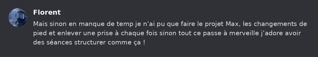 Capture Discord : Florent « Mais sinon en manque de temp je n’ai pu que faire le projet Max, les changements de pied et… »