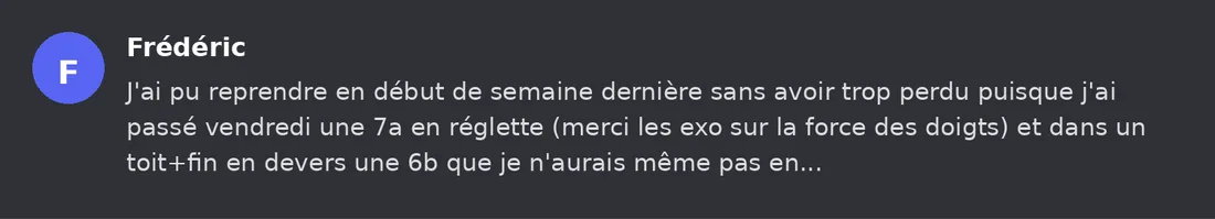 Capture Discord : Frédéric « J'ai pu reprendre en début de semaine dernière sans avoir trop perdu puisque j'ai passé… »