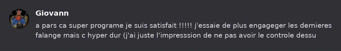 Capture Discord : Giovanni « a pars ca super programe je suis satisfait !!!!! j'essaie de plus engageger les dernieres… »