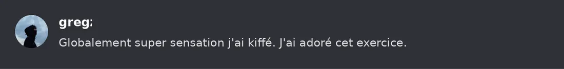 Capture Discord : Greg « Globalement super sensation j'ai kiffé. J'ai adoré cet exercice. »