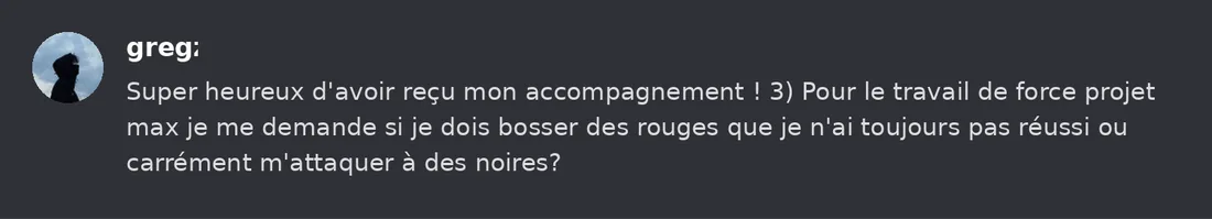 Capture Discord : Greg « Super heureux d'avoir reçu mon accompagnement ! 3) Pour le travail de force projet max je me… »