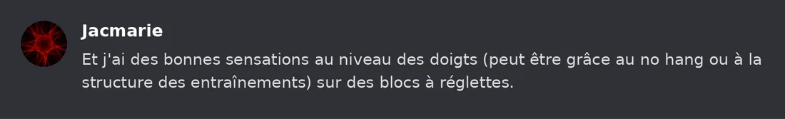 Capture Discord : Jacmarie « Et j'ai des bonnes sensations au niveau des doigts (peut être grâce au no hang ou à la… »