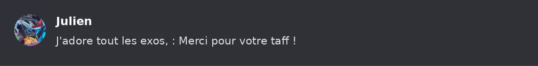 Capture Discord : Julien « J'adore tout les exos, : Merci pour votre taff ! »