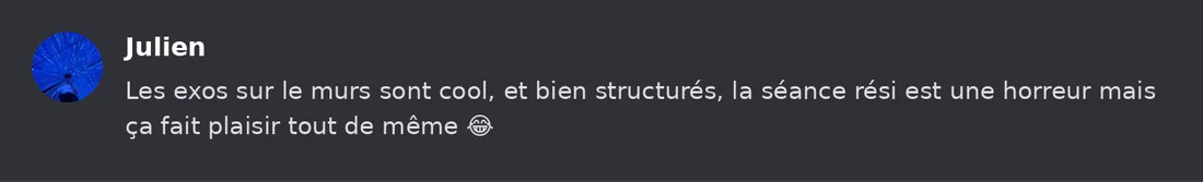 Capture Discord : Julien « Les exos sur le murs sont cool, et bien structurés, la séance rési est une horreur mais ça… »