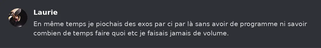 Capture Discord : Laurie « En même temps je piochais des exos par ci par là sans avoir de programme ni savoir combien de… »