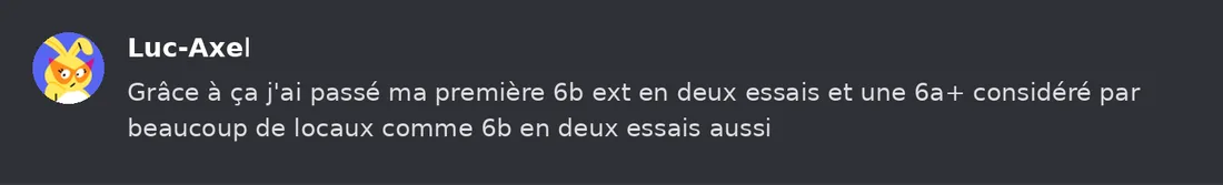 Capture Discord : Luc-Axel « Grâce à ça j'ai passé ma première 6b ext en deux essais et une 6a+ considéré par beaucoup de… »