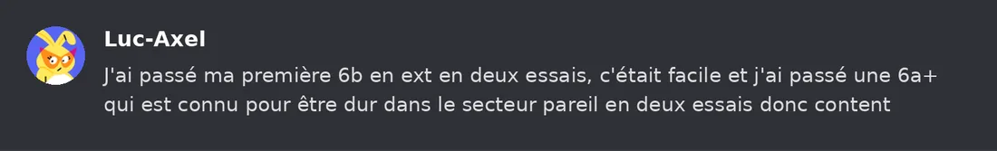 Capture Discord : Luc-Axel « J'ai passé ma première 6b en ext en deux essais, c'était facile et j'ai passé une 6a+ qui… »
