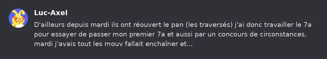 Capture Discord : Luc-Axel « D'ailleurs depuis mardi ils ont réouvert le pan (les traversés) j'ai donc travailler le 7a… »