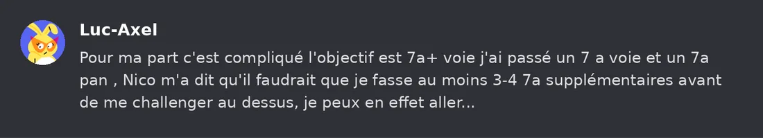 Capture Discord : Luc-Axel « Pour ma part c'est compliqué l'objectif est 7a+ voie j'ai passé un 7 a voie et un 7a pan… »