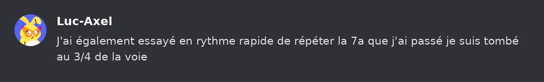 Capture Discord : Luc-Axel « J'ai également essayé en rythme rapide de répéter la 7a que j'ai passé je suis tombé au 3/4… »