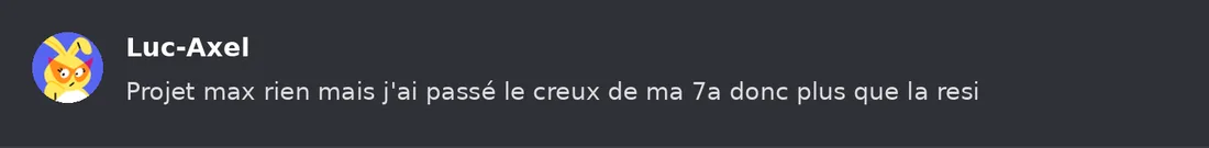 Capture Discord : Luc-Axel « Projet max rien mais j'ai passé le creux de ma 7a donc plus que la resi »