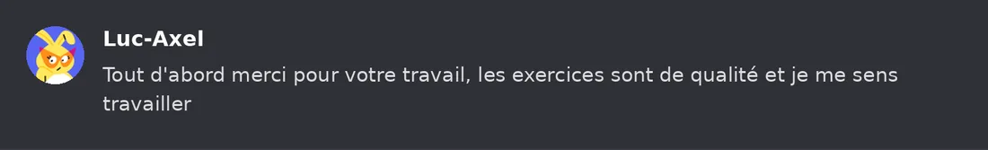 Capture Discord : Luc-Axel « Tout d'abord merci pour votre travail, les exercices sont de qualité et je me sens travailler »