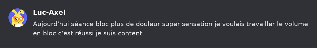 Capture Discord : Luc-Axel « Aujourd'hui séance bloc plus de douleur super sensation je voulais travailler le volume en… »