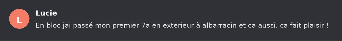 Capture Discord : Lucie « En bloc jai passé mon premier 7a en exterieur à albarracin et ca aussi, ca fait plaisir ! »