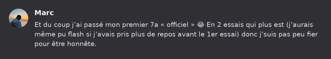 Capture Discord : Marc « Et du coup j’ai passé mon premier 7a officiel 😁 En 2 essais qui plus est (j’aurais même pu… »