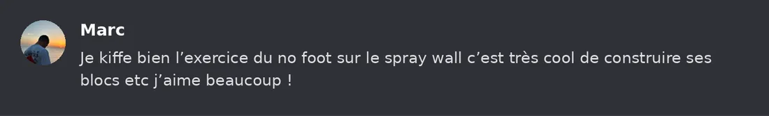 Capture Discord : Marc « Je kiffe bien l’exercice du no foot sur le spray wall c’est très cool de construire ses blocs… »