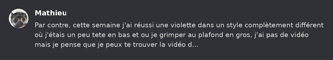 Capture Discord : Mathieu « Par contre, cette semaine j'ai réussi une violette dans un style complètement différent où… »