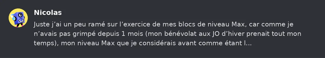 Capture Discord : Nicolas M. « Juste j’ai un peu ramé sur l’exercice de mes blocs de niveau Max, car comme je n’avais pas… »