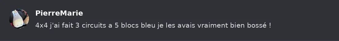 Capture Discord : Pierre-Marie « 4x4 j'ai fait 3 circuits a 5 blocs bleu je les avais vraiment bien bossé ! »