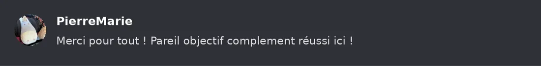 Capture Discord : Pierre-Marie « Merci pour tout ! Pareil objectif complement réussi ici ! »