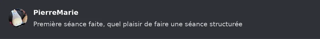 Capture Discord : Pierre-Marie « Première séance faite, quel plaisir de faire une séance structurée »