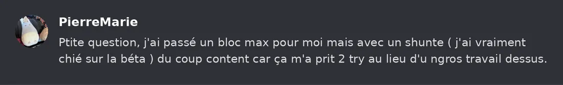 Capture Discord : Pierre-Marie « Ptite question, j'ai passé un bloc max pour moi mais avec un shunte ( j'ai vraiment chié… »