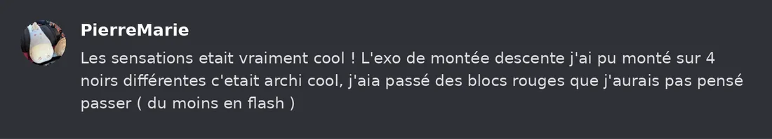 Capture Discord : Pierre-Marie « Les sensations etait vraiment cool ! L'exo de montée descente j'ai pu monté sur 4 noirs… »