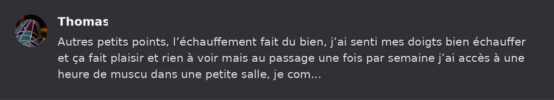 Capture Discord : Thomas « Autres petits points, l’échauffement fait du bien, j’ai senti mes doigts bien échauffer et ça… »