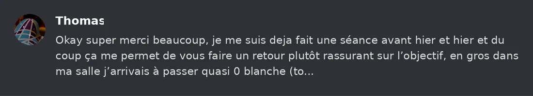 Capture Discord : Thomas « Okay super merci beaucoup, je me suis deja fait une séance avant hier et hier et du coup ça me… »