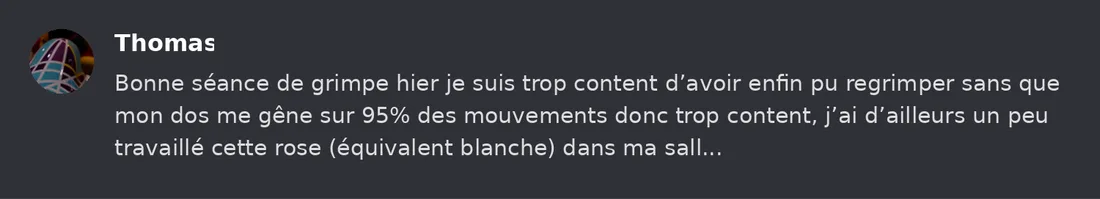 Capture Discord : Thomas « Bonne séance de grimpe hier je suis trop content d’avoir enfin pu regrimper sans que mon dos… »