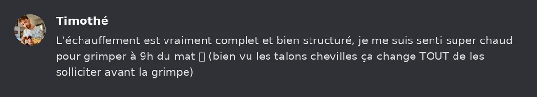 Capture Discord : Timothé « L’échauffement est vraiment complet et bien structuré, je me suis senti super chaud pour… »