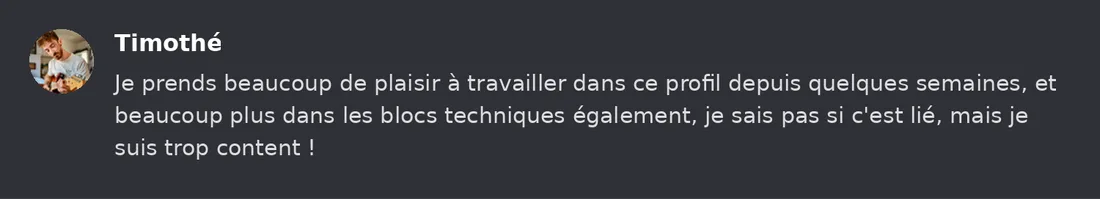 Capture Discord : Timothé « Je prends beaucoup de plaisir à travailler dans ce profil depuis quelques semaines, et… »