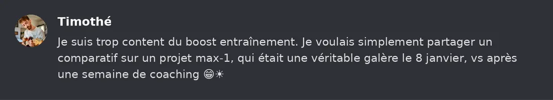 Capture Discord : Timothé « Je suis trop content du boost entraînement. Je voulais simplement partager un comparatif sur… »